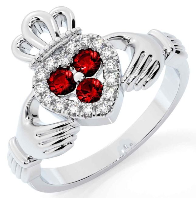 Diamond Garnet Silver Claddagh Ring