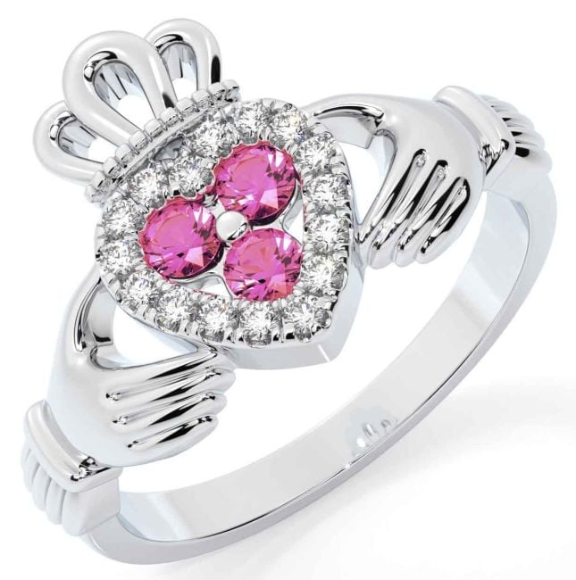 Diamond Pink Tourmaline Silver Claddagh Ring