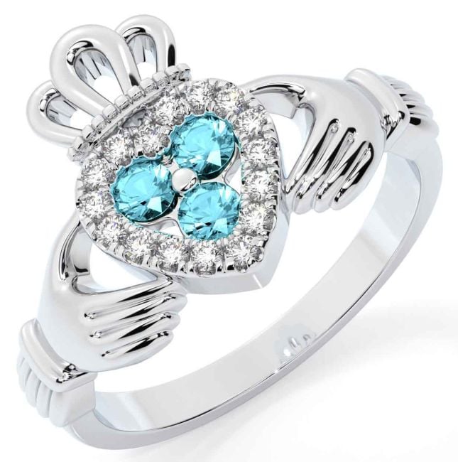 Diamond Aquamarine White Gold Claddagh Ring