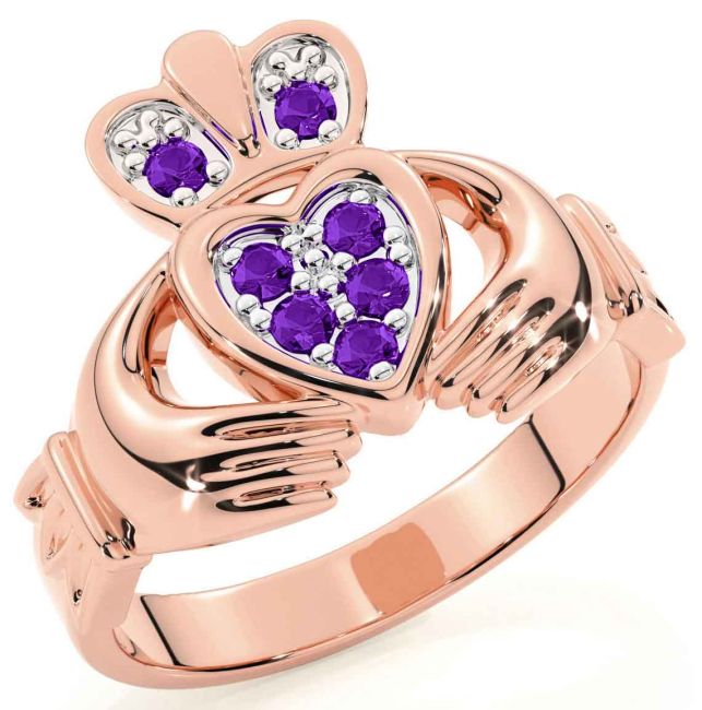 Diamond Rose Gold Silver Claddagh Ring