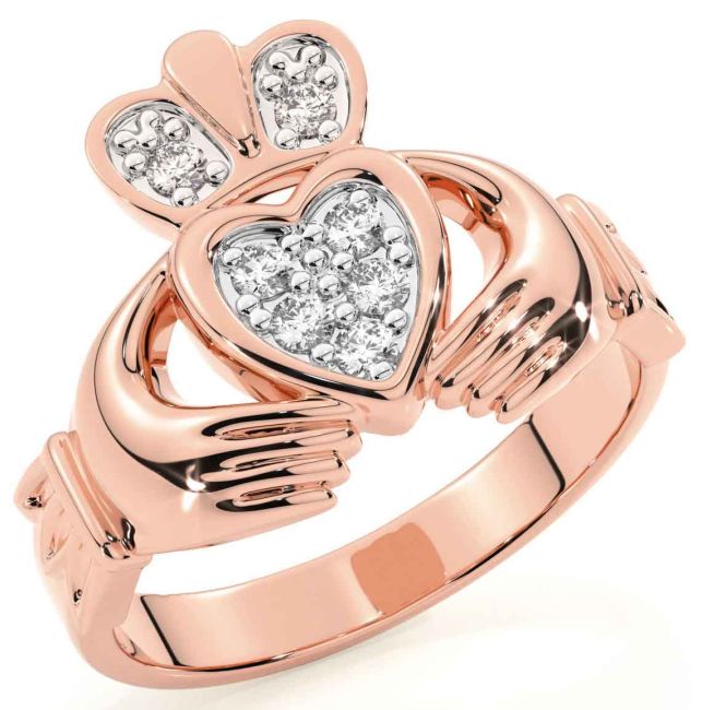 Diamond Rose Gold Silver Claddagh Ring