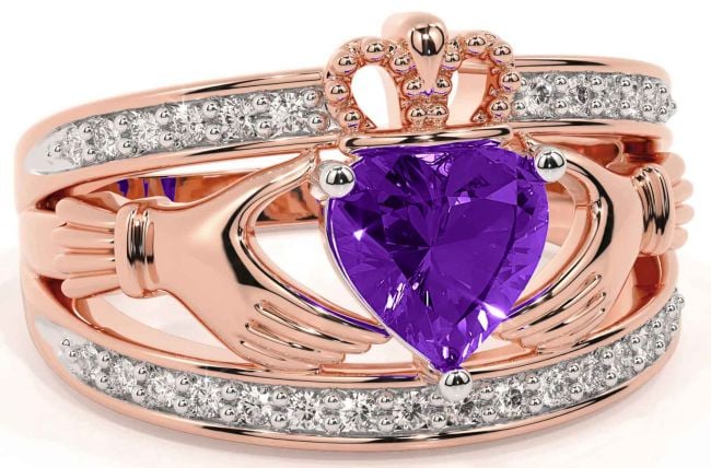 Diamond Amethyst Rose Gold Silver Claddagh Ring