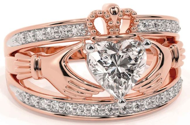 Diamond Rose Gold Silver Claddagh Ring