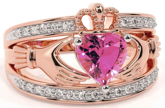 Diamond Pink Tourmaline Rose Gold Silver Claddagh Ring