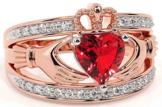 Diamond Ruby Rose Gold Silver Claddagh Ring