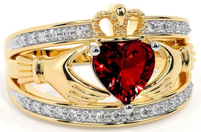 Diamond Garnet Gold Silver Claddagh Ring