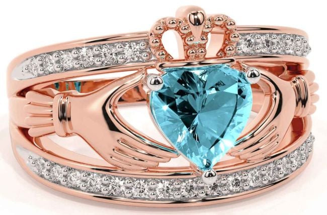 Diamond Aquamarine Rose Gold Claddagh Ring