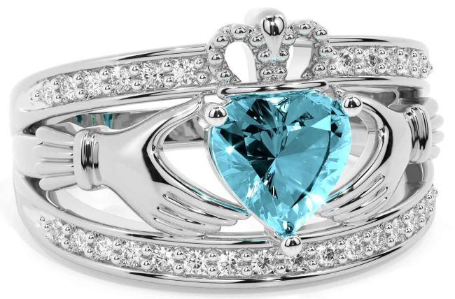 Diamond Aquamarine Silver Claddagh Ring