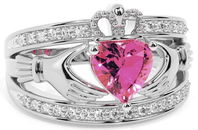 Diamond Pink Tourmaline White Gold Claddagh Ring