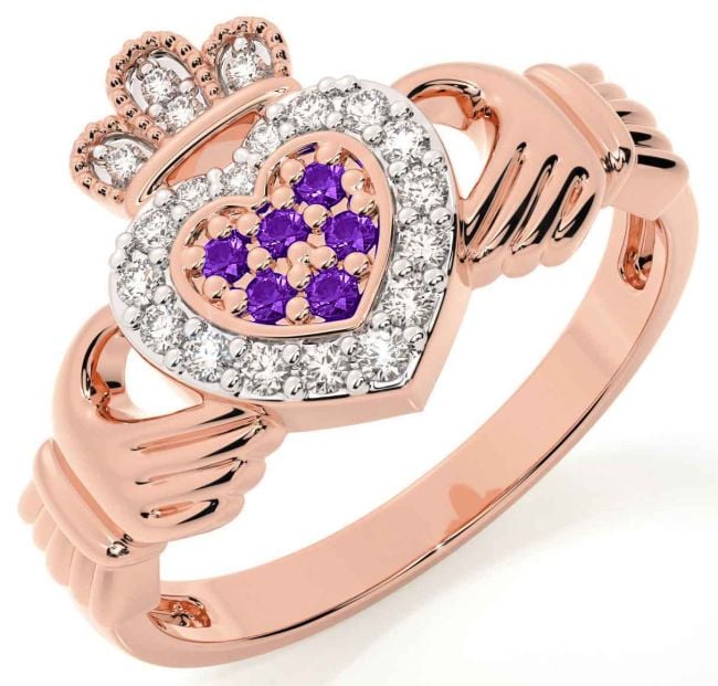 Amethyst Rose Gold Silver Claddagh Ring