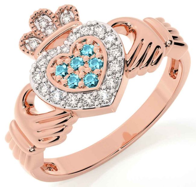 Aquamarine Rose Gold Silver Claddagh Ring
