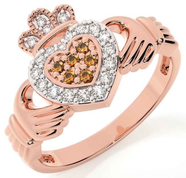 Citrine Rose Gold Silver Claddagh Ring