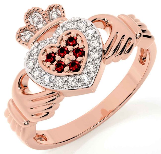 Garnet Rose Gold Silver Claddagh Ring