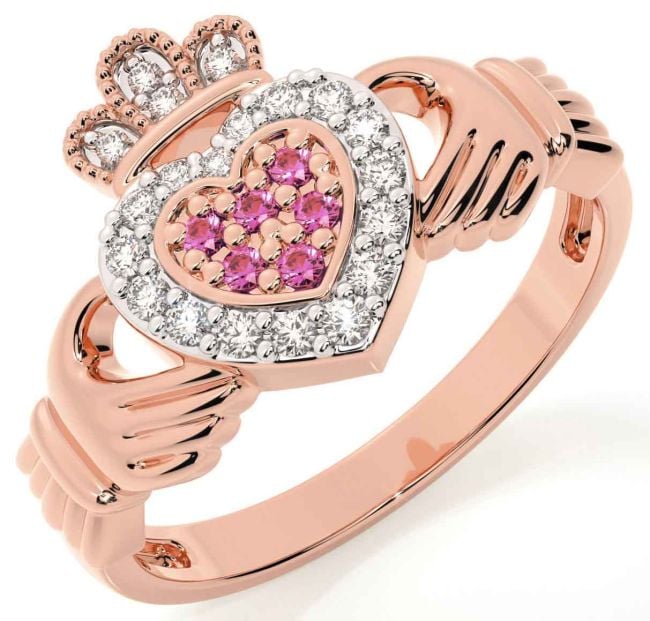 Pink Tourmaline Rose Gold Silver Claddagh Ring