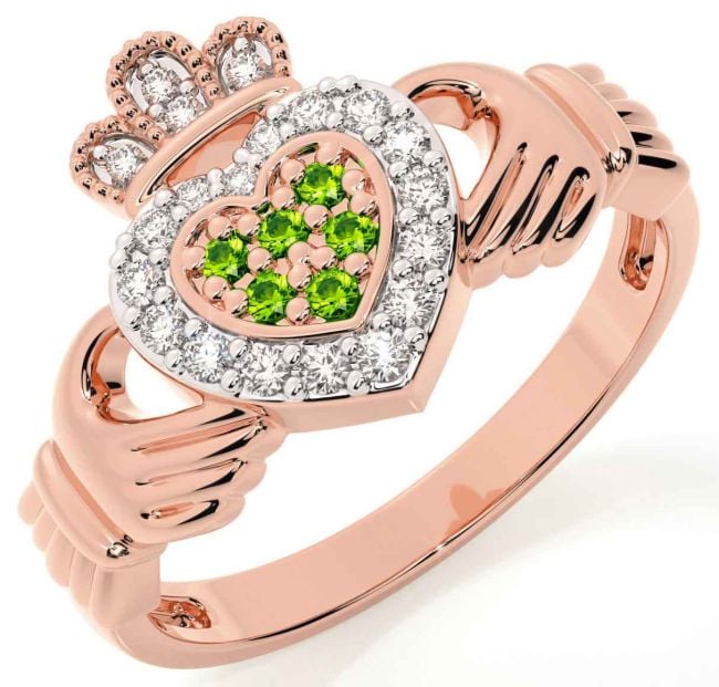 Peridot Rose Gold Silver Claddagh Ring