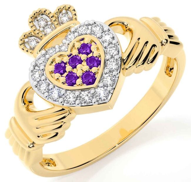 Amethyst Gold Silver Claddagh Ring