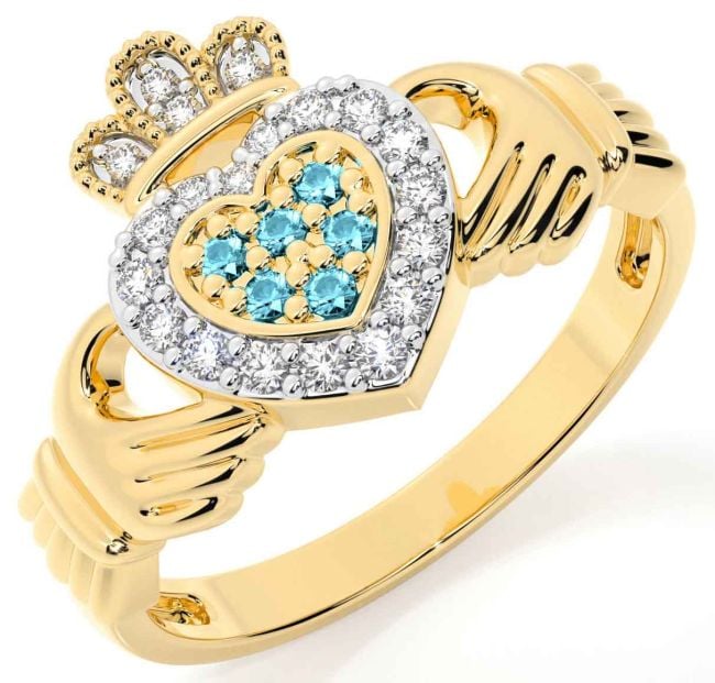 Aquamarine Gold Silver Claddagh Ring