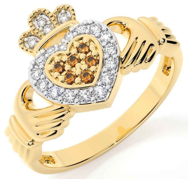 Citrine Gold Silver Claddagh Ring