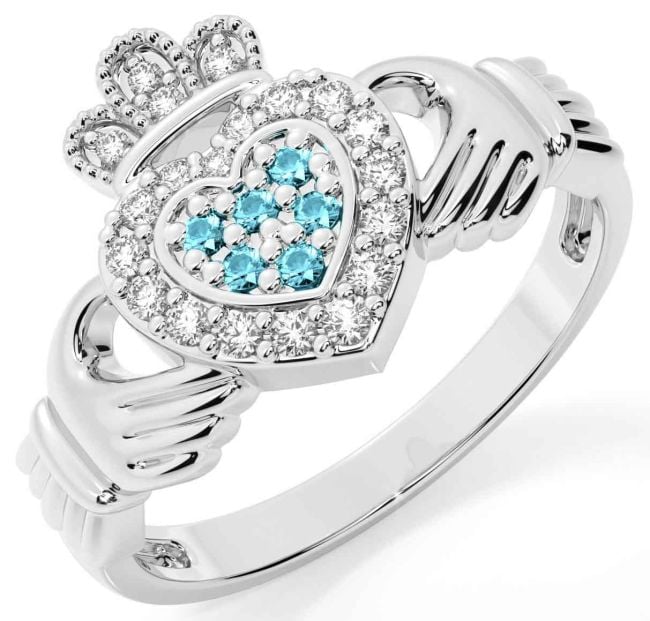 Aquamarine Silver Claddagh Ring