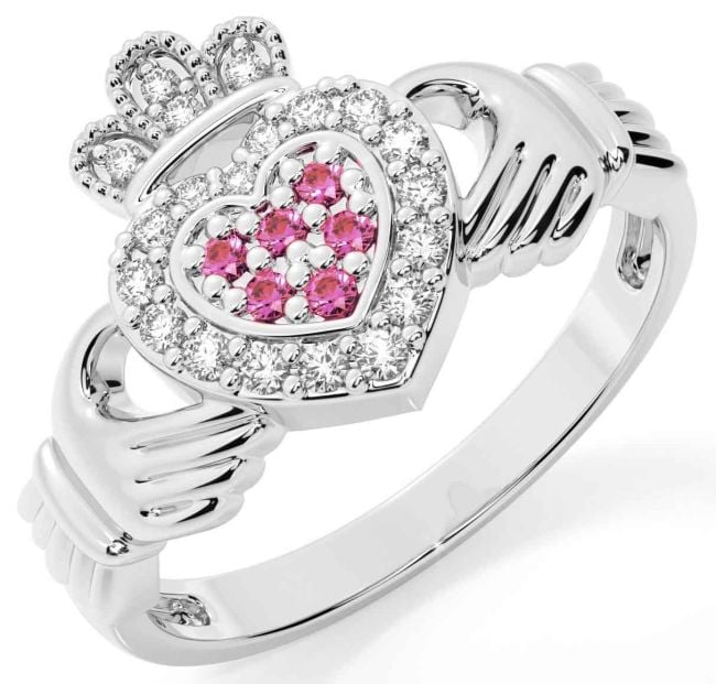 Pink Tourmaline White Gold Claddagh Ring