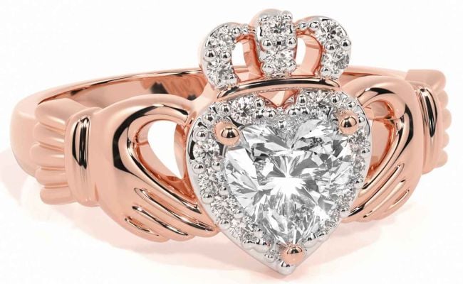 Diamond Rose Gold Silver Claddagh Ring