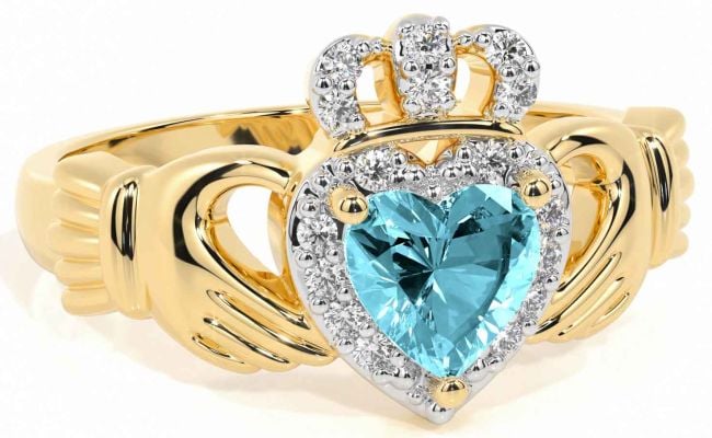 Diamond Aquamarine Gold Silver Claddagh Ring