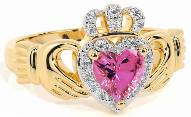 Diamond Pink Tourmaline Gold Silver Claddagh Ring