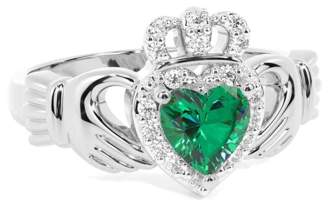 Diamond Emerald Silver Claddagh Ring