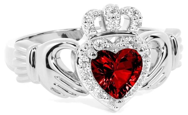 Diamond Garnet Silver Claddagh Ring