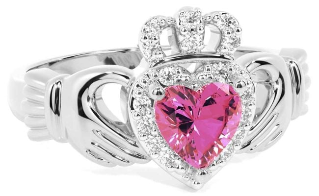 Diamond Pink Tourmaline Silver Claddagh Ring