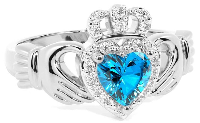 Diament Topaz Białe Złoto Claddagh Pierścień