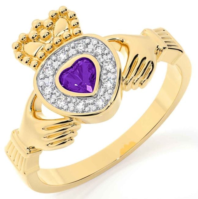 Diamond Amethyst Gold Silver Claddagh Ring