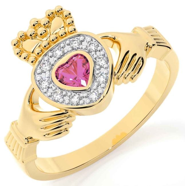 Diamond Pink Tourmaline Gold Silver Claddagh Ring