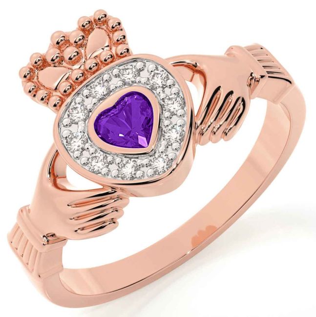 Diamond Amethyst Rose Gold Claddagh Ring