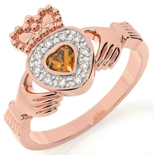 Diamond Citrine Rose Gold Claddagh Ring