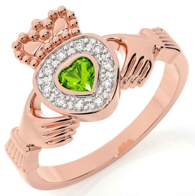 Diamond Peridot Rose Gold Claddagh Ring