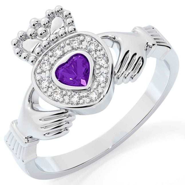 Diamond Amethyst Silver Claddagh Ring