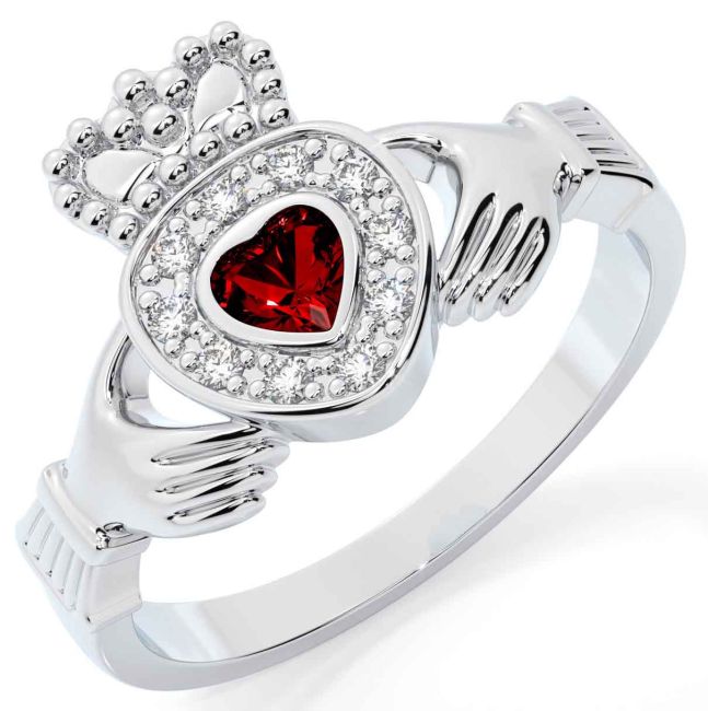 Diamond Garnet Silver Claddagh Ring