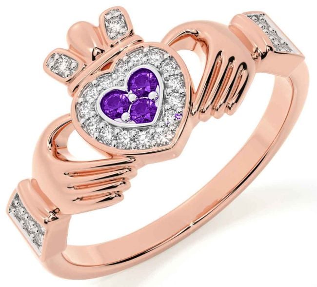 Diamond Amethyst Rose Gold Silver Claddagh Ring