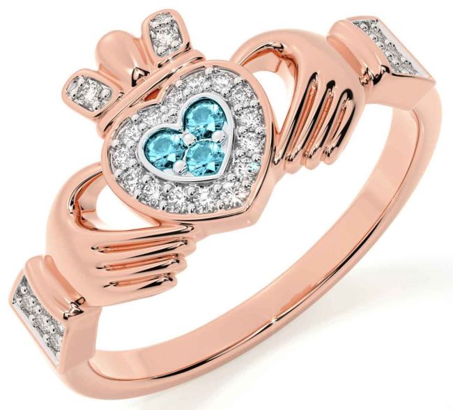 Diamond Aquamarine Rose Gold Silver Claddagh Ring