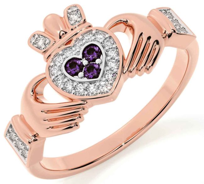 Diamond Alexandrite Rose Gold Silver Claddagh Ring