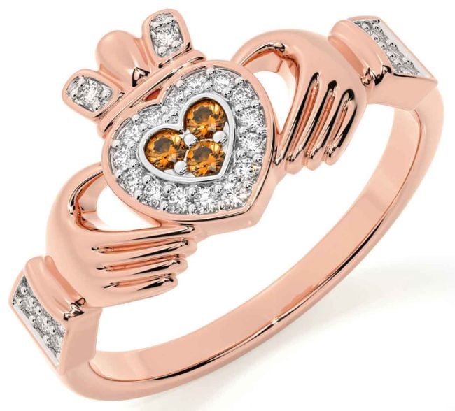 Diamond Citrine Rose Gold Silver Claddagh Ring