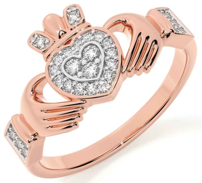 Diamond Rose Gold Silver Claddagh Ring