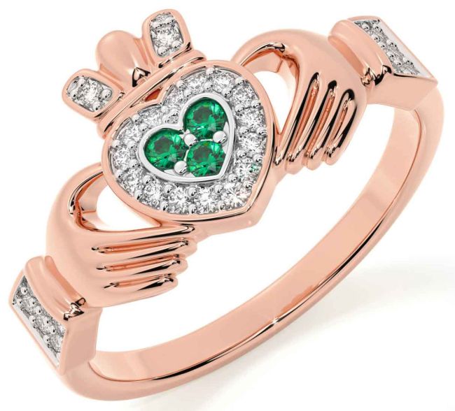 Diamond Emerald Rose Gold Silver Claddagh Ring