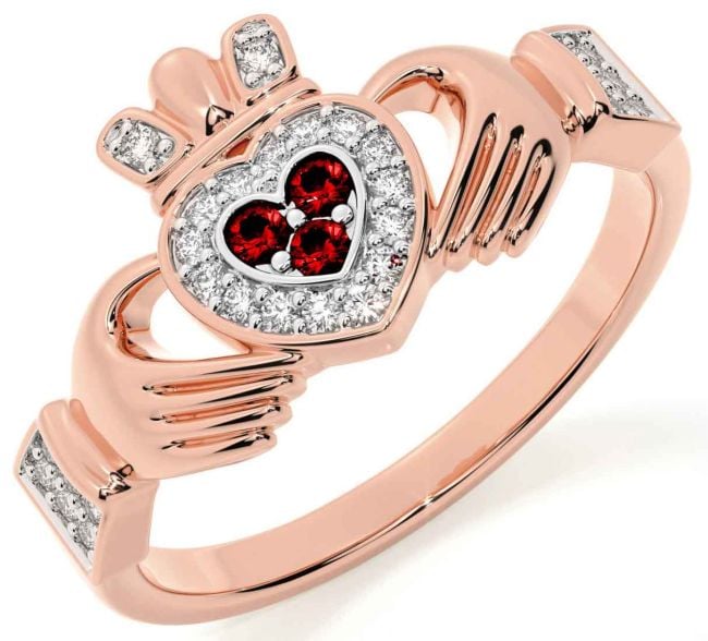 Diamond Garnet Rose Gold Silver Claddagh Ring