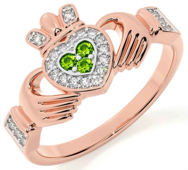 Diamond Peridot Rose Gold Silver Claddagh Ring