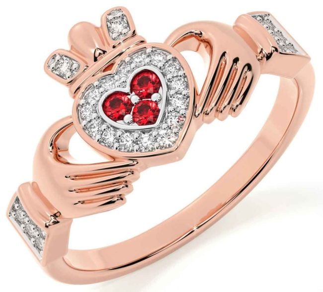 Diamond Ruby Rose Gold Silver Claddagh Ring