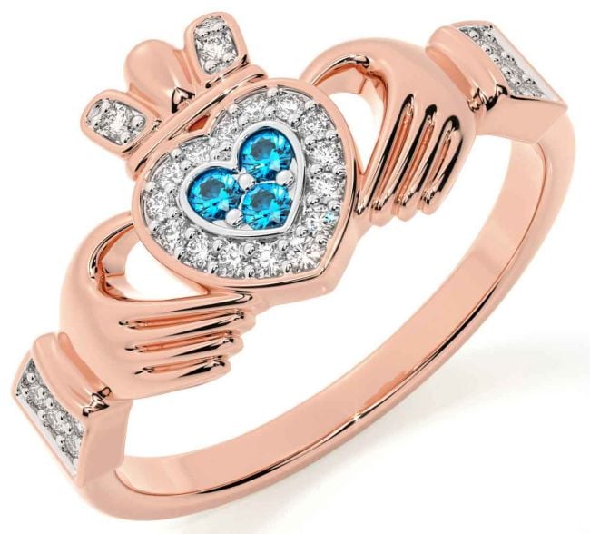 Diamond Topaz Rose Gold Silver Claddagh Ring