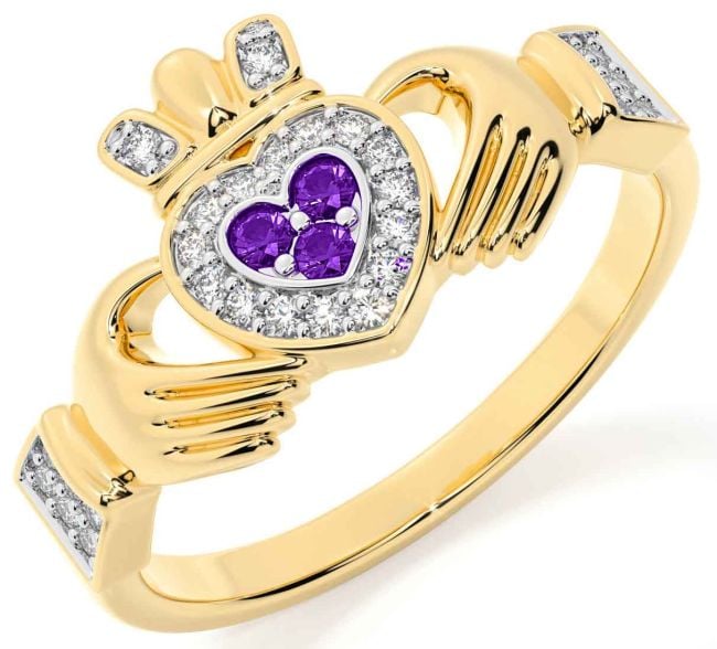 Diamond Amethyst Gold Silver Claddagh Ring