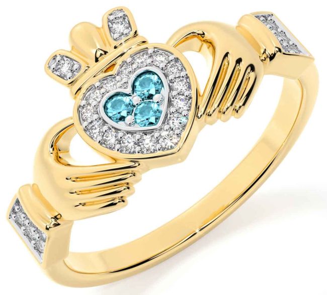 Diamond Aquamarine Gold Silver Claddagh Ring